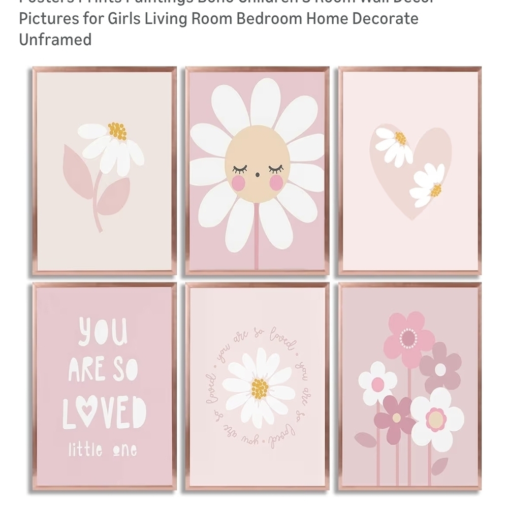 Pink Floral Wall Art Set for Kids' Rooms